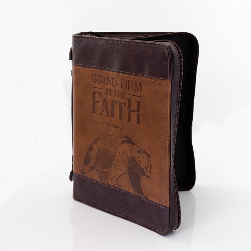 Brown Faux Leather Classic Bible Cover, Stand Firm in Faith 1 Corinthians  16:13 Bear, Bible Case Book Cover for Men/Women